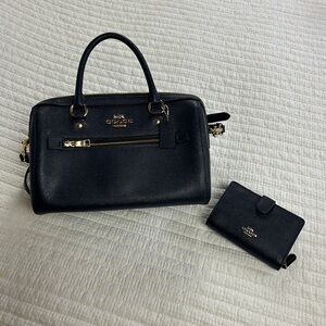 Coach Rowan 79946 Navy Crossgrain Leather Satchel with Matching Wallet Set